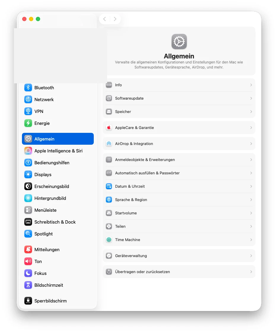 Systemeinstellungen am Mac, Bereich Allgemein