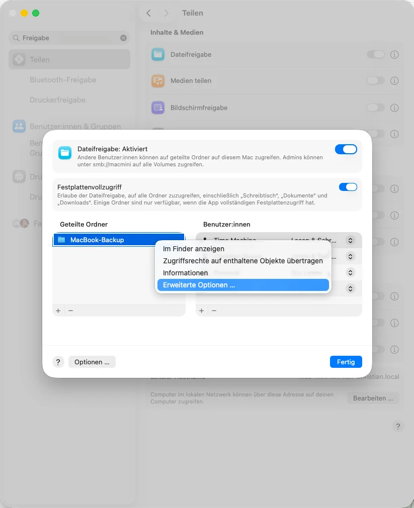 Kontextmenü mit Erweiterte Optionen