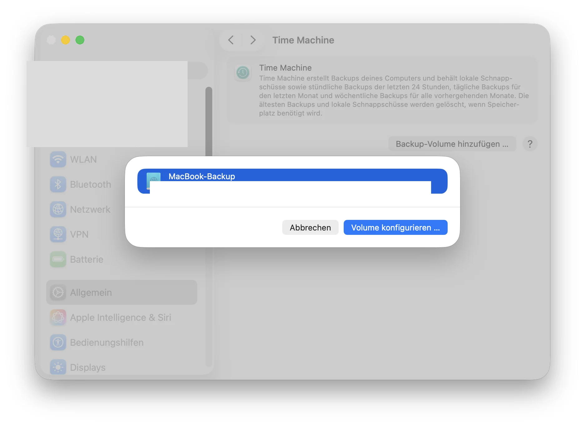 Volume-Auswahl am MacBook mit MacBook-Backup auf dem Mini