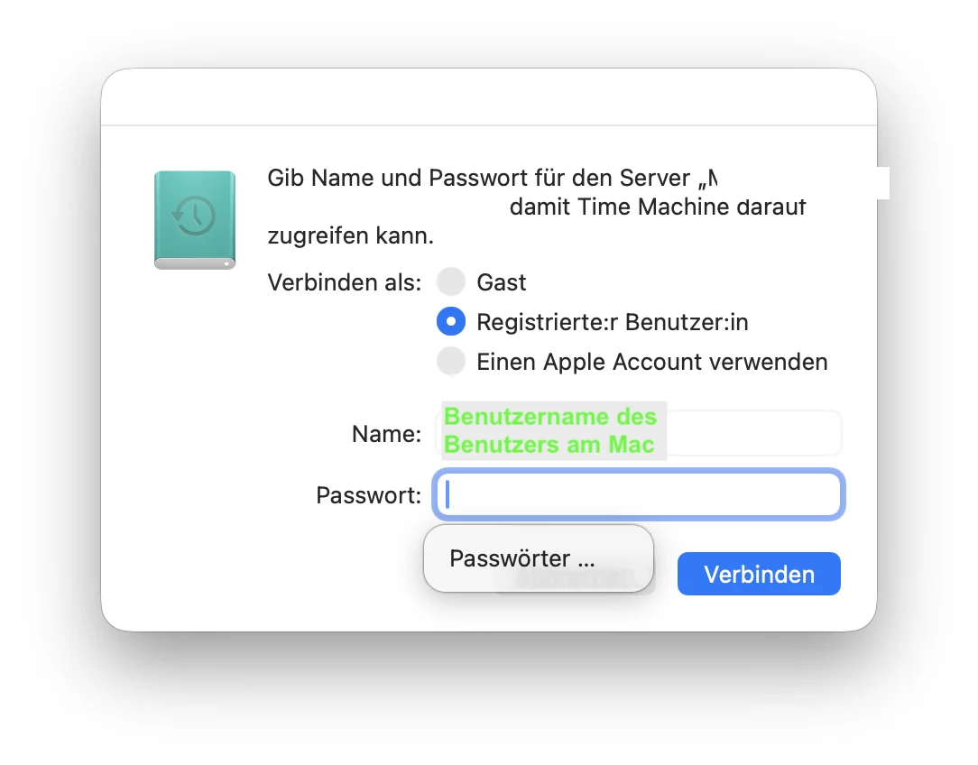 Login-Dialog mit Erklärung welcher Benutzername gemeint ist