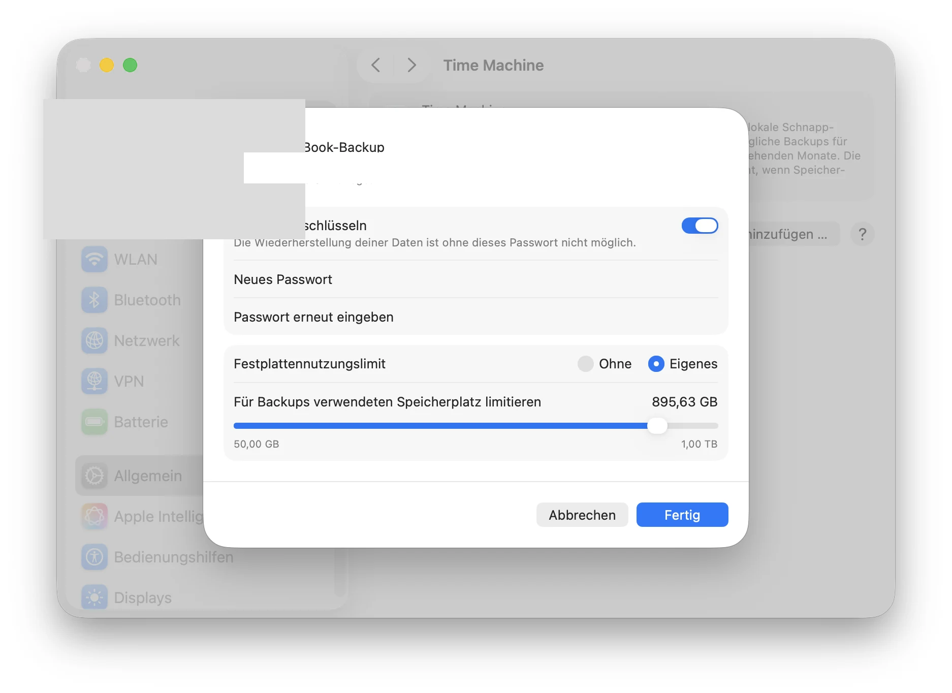 Backup-Konfiguration mit eigenem Limit von ca. 895 GB
