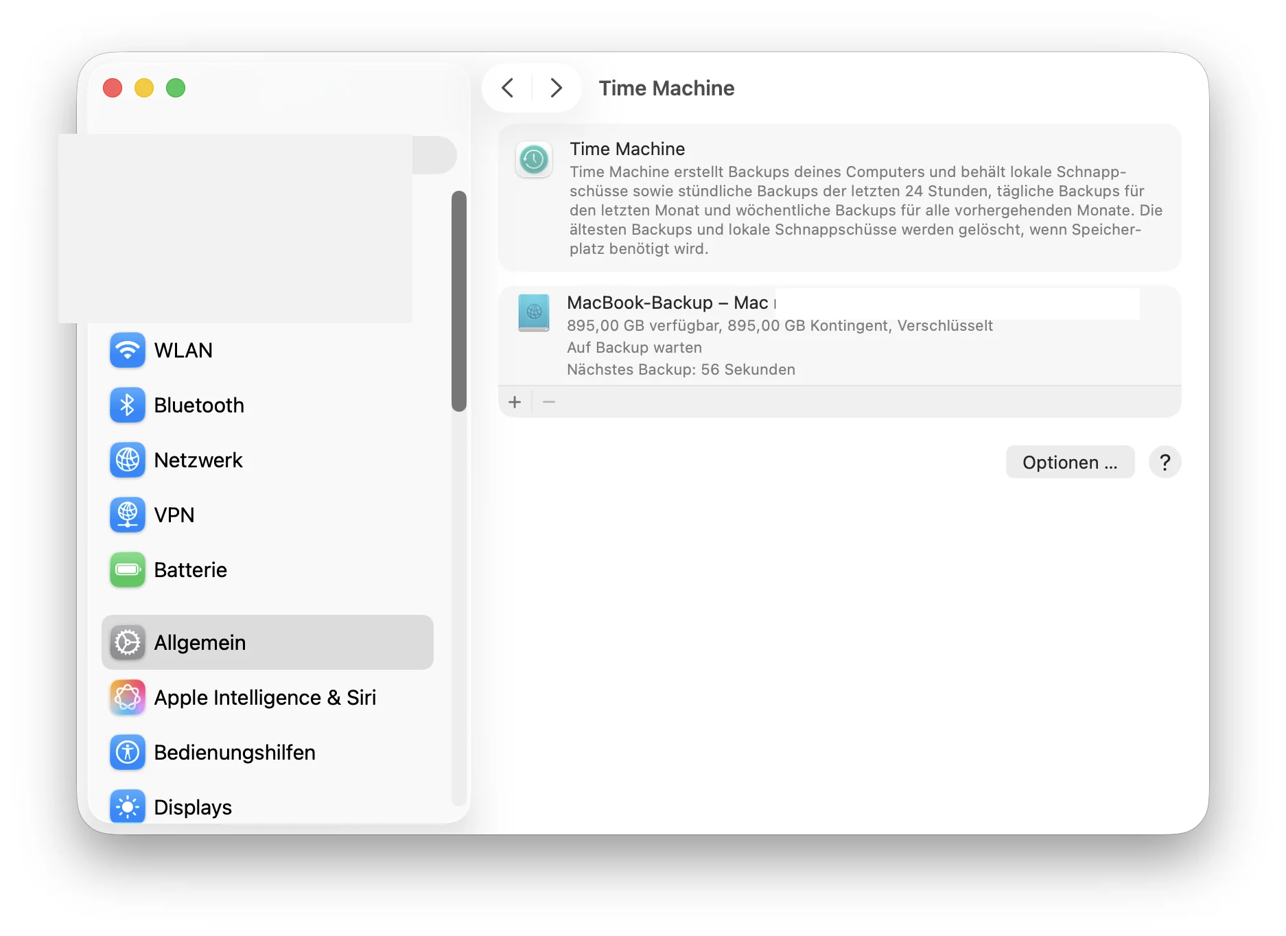 Time Machine zeigt MacBook-Backup, Status: Auf Backup warten