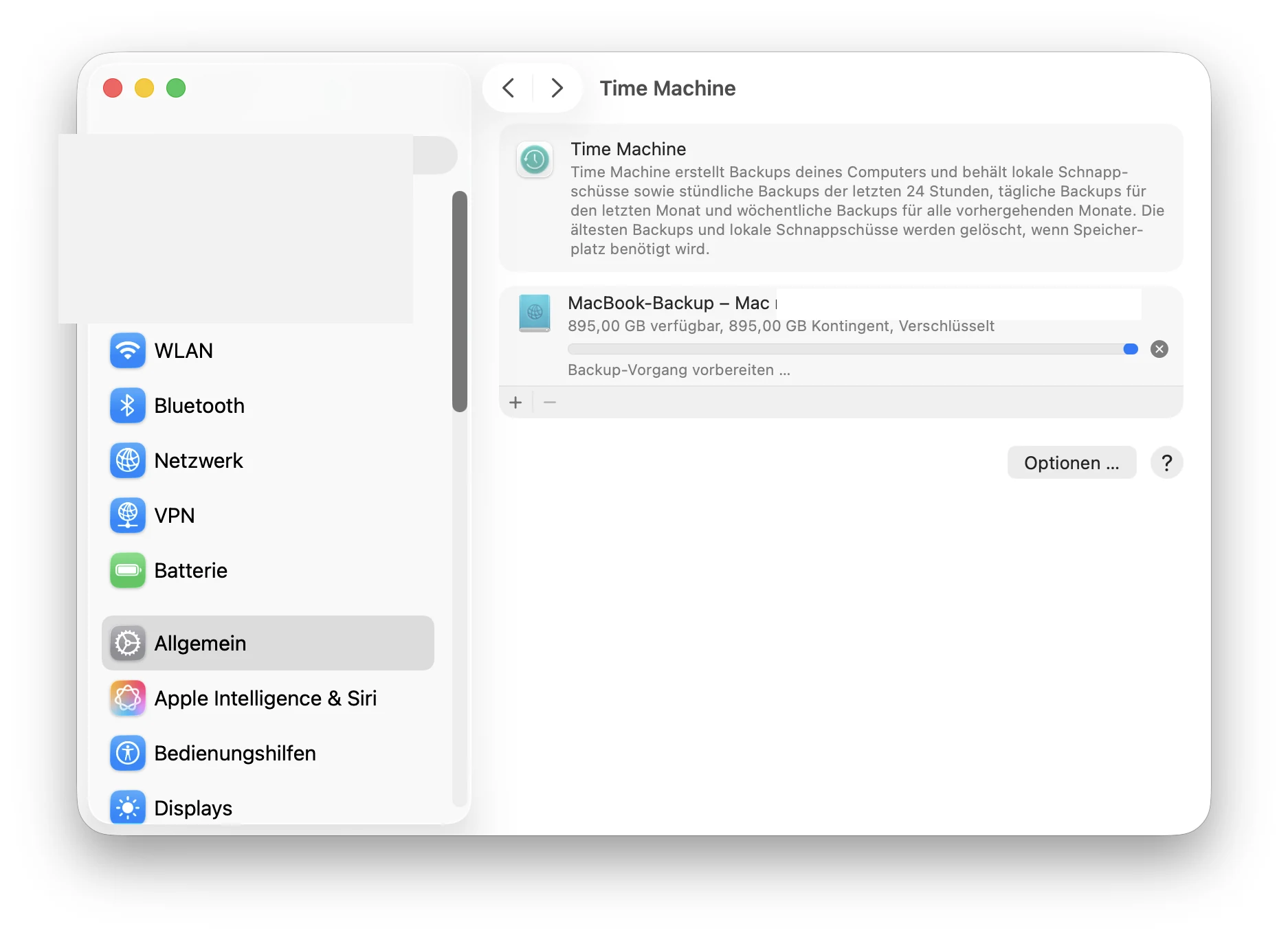 Backup-Vorgang wird vorbereitet, Fortschrittsbalken am Anfang