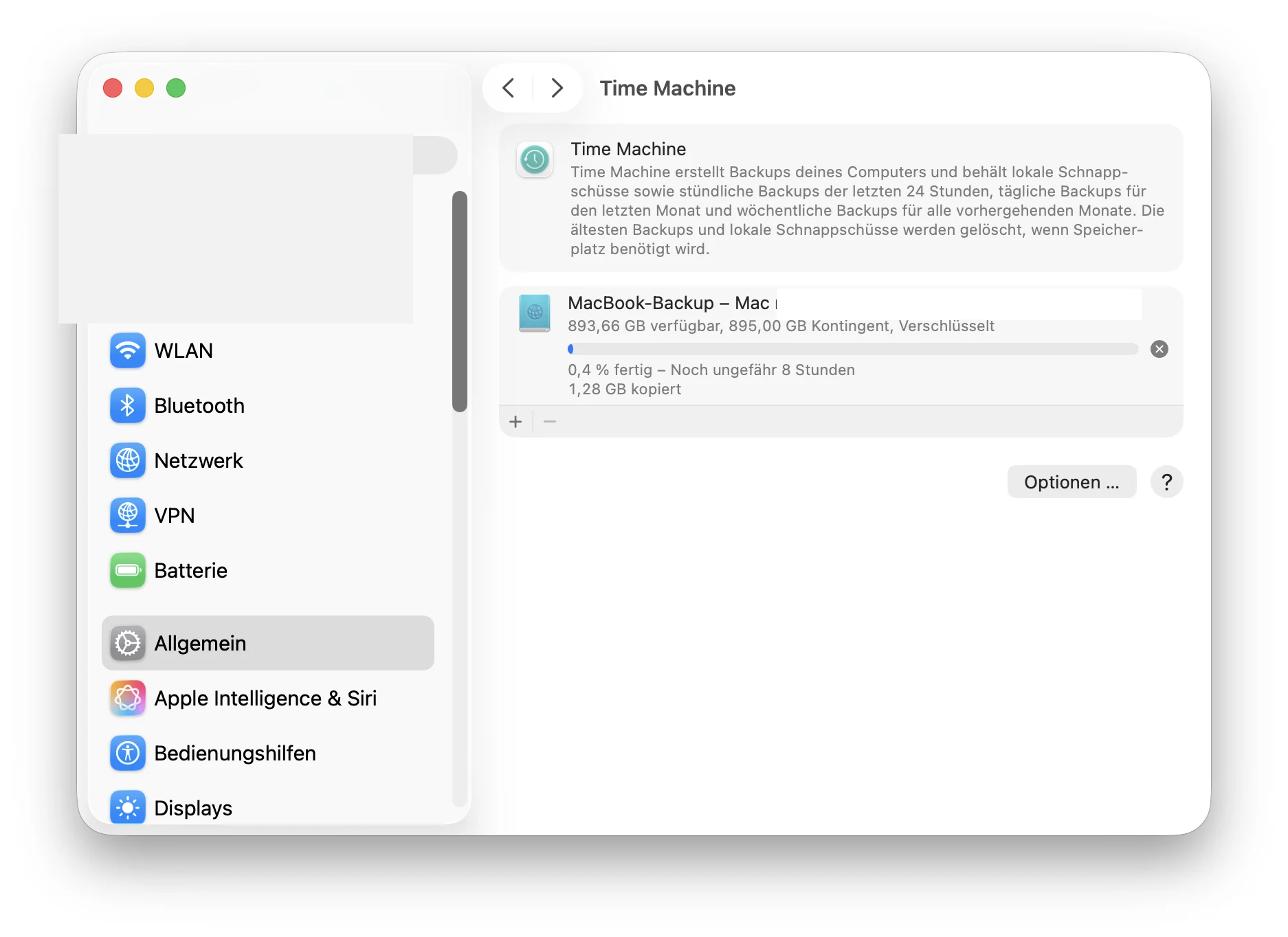 Backup läuft mit 0,4 % fertig, ca. 8 Stunden verbleibend